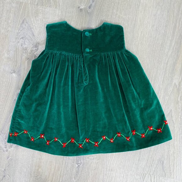 Vintage Baby Girls Green Velvet Flower Embroidered Sleeveless Swing Dress 12m - Picture 4 of 10